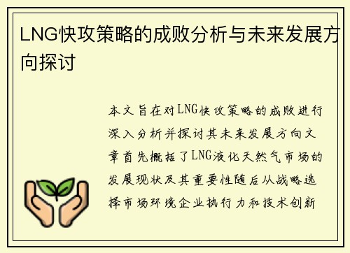 LNG快攻策略的成败分析与未来发展方向探讨